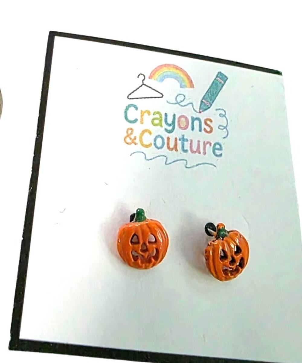 Vintage Jewelry Enamel Jack O'lantern Pumpkin Halloween Pierced Earrings Studs